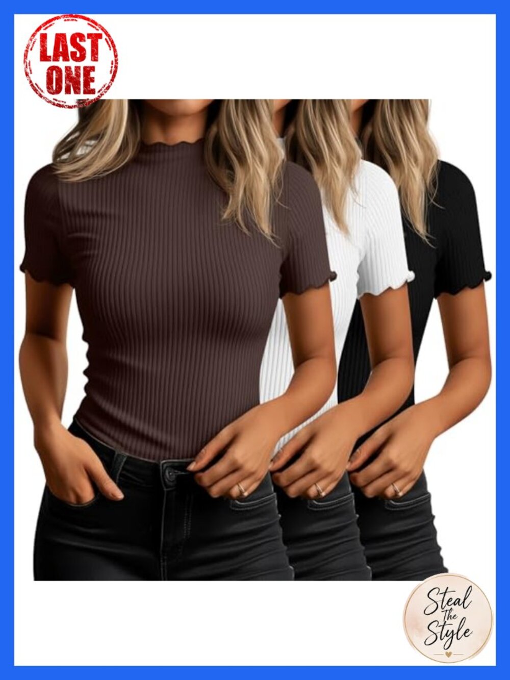 Mock Turtleneck Short Sleeve Tops Ribbed Knit Lettuce Trim Slim Fit